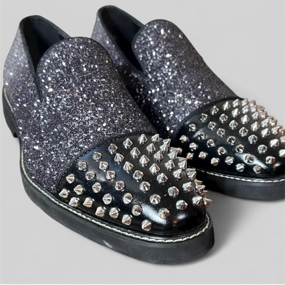 Men's Black Glitter & Studded Slip-On Loafers